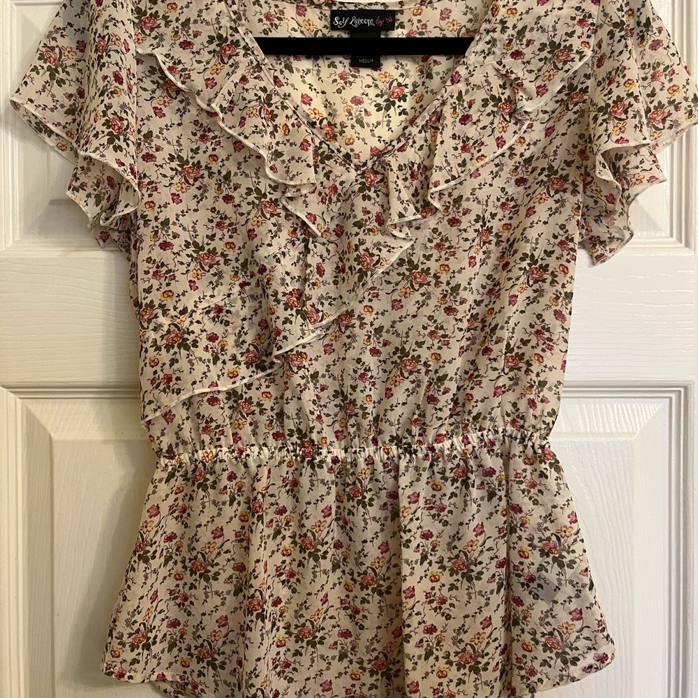 Self Esteem Cream and Pink Floral Ruffle Blouse